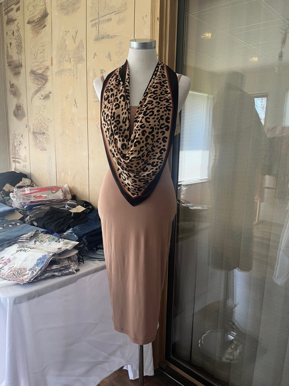 Women’s Taupe Halter Dress with Leopard Print Scarf